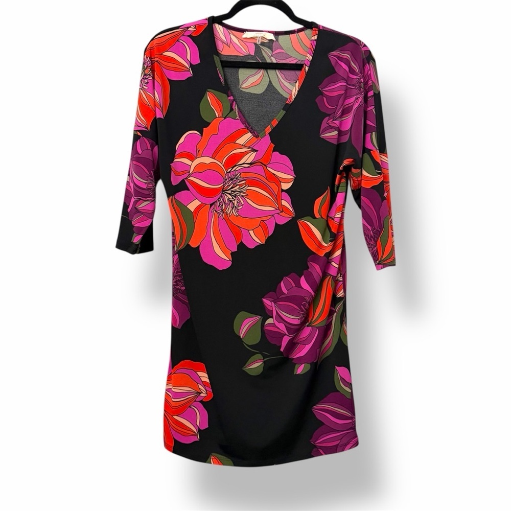 Trina Turk Floral 3/4 Sleeve Dress Black & Pink - Picture 2 of 5